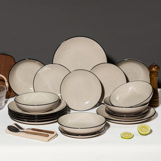 18 Piece Stoneware Dinnerware Set for 6 Handpainted Spirals Pattern Ceramic Set with 10.5 Inch Dinner Plate 7.5 Inch Dessert Plate and 27 Ounce Soup Bowl