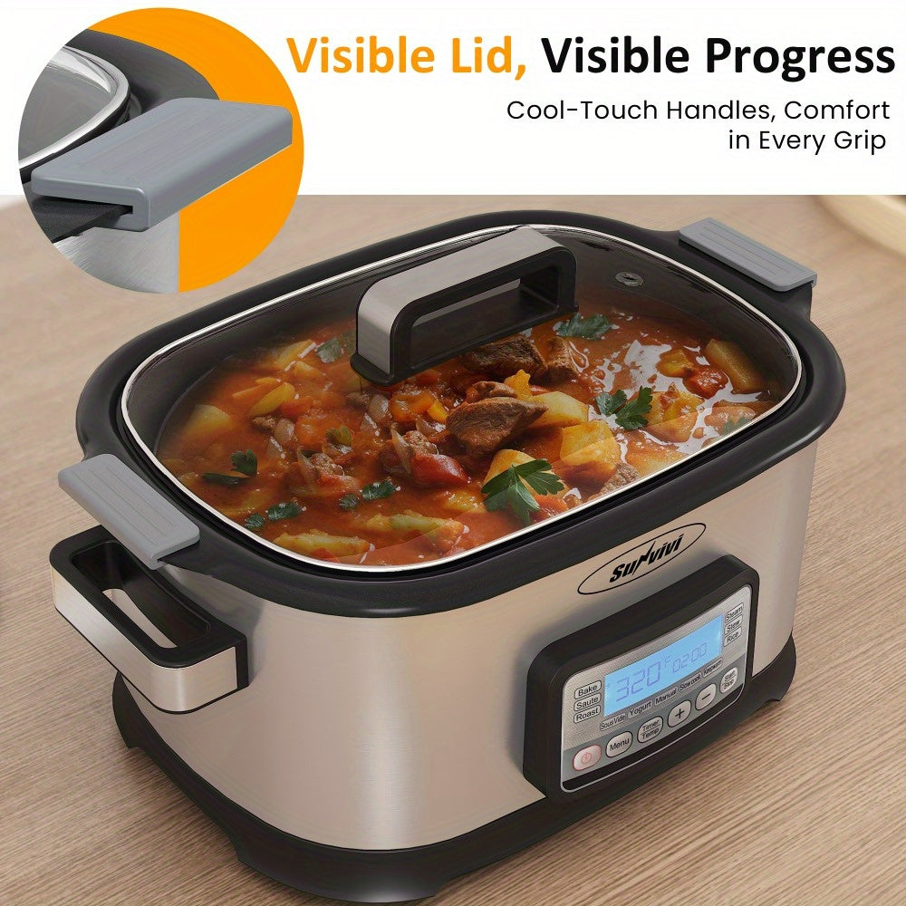 11-in-1 Multi Slow Cooker Roaster Oven, 6.5QT Sliver Digital Programmable Slow Cooker with Rack, Large Removable Nonstick Crock, Glass Lid, Multicooker with Timer Temp Control, Delay Start