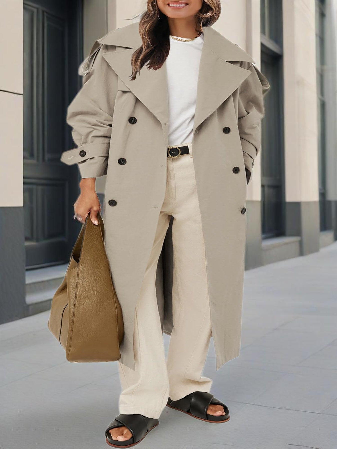 Plus Size - Spring Autumn Womens Oversized Long Trench Coat Double Breasted Lapel Windproof Overcoat with Belt