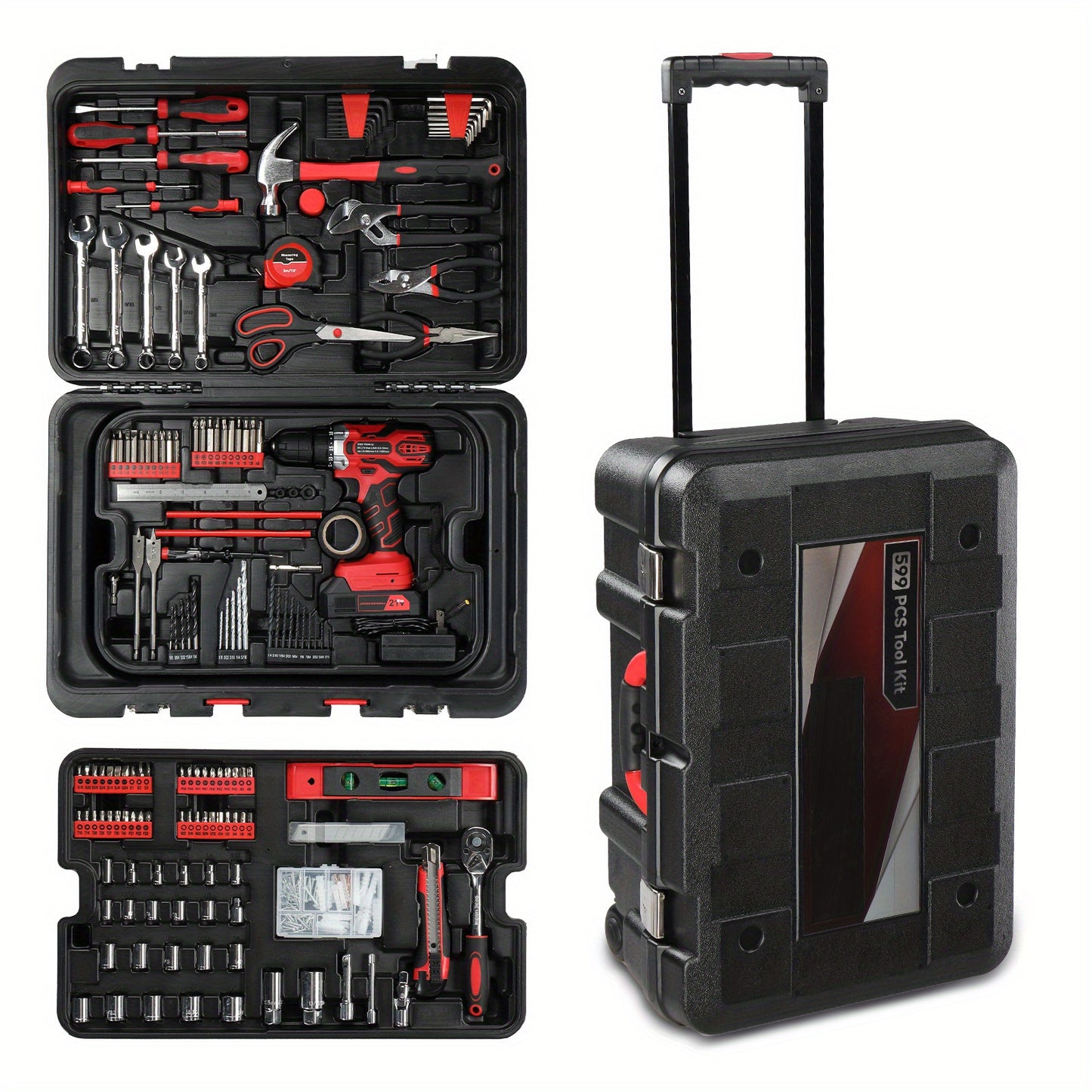 599pcs Home Tool Set Kit, Auto Repair Tool Kit with Rolling Tool Box, Mechanic Tool Sets with Power Drill