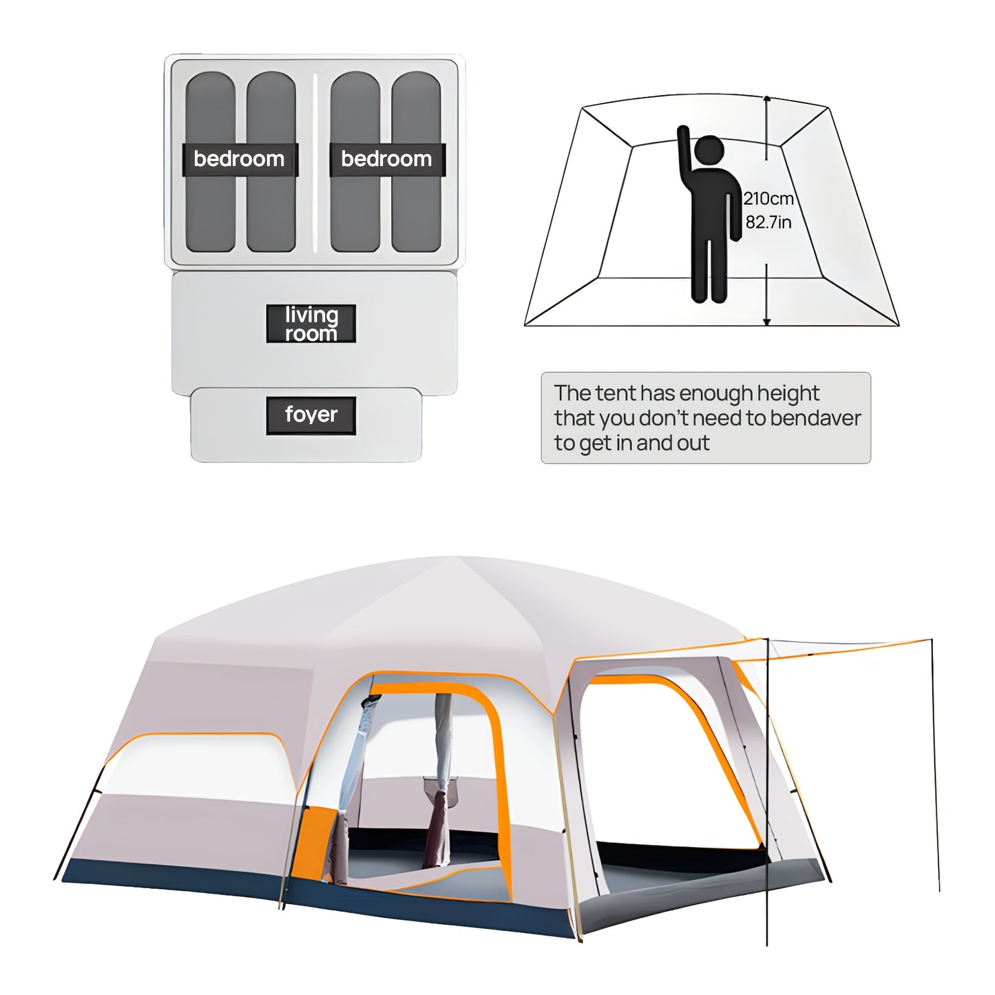 Ezify Waterproof Family Camping Tent - Spacious 2-Room, Double-Deck Design for 4-6 People, Durable & Rainproof with Zip Closure, Perfect for Outdoor Adventures