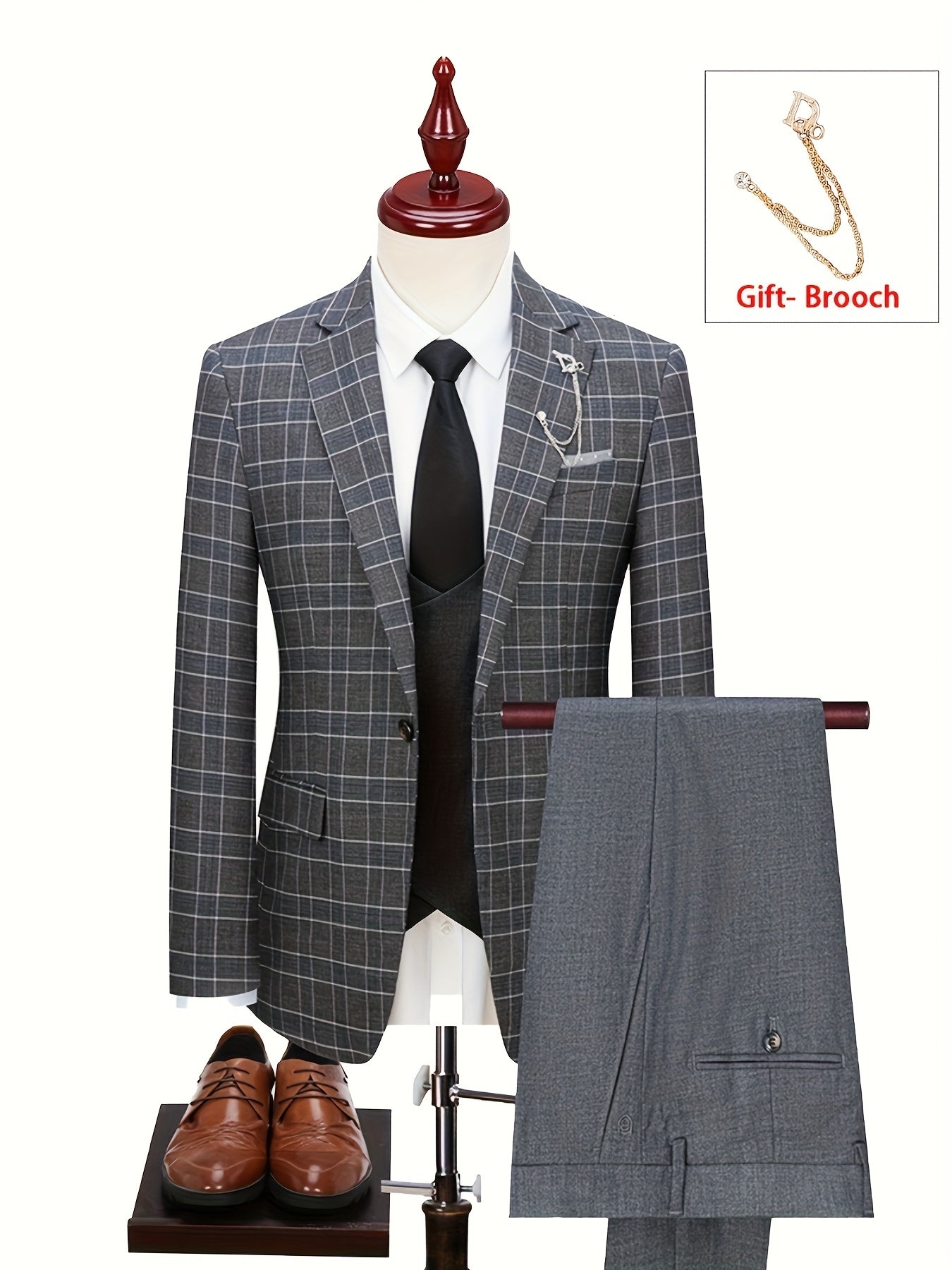 Teens Plaid Suit Set - 3pcs, Casual Style, Notched Lapel, Regular Fit, Polyester Includes Jacket, Vest, And Pants - For Business Casual & Formal Occasions - Perfect Gift For Weddings & Special Events