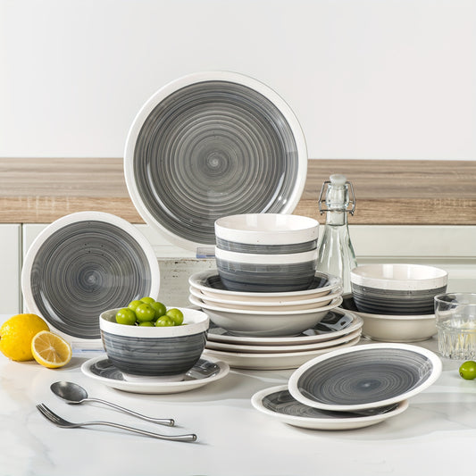 4 Person Hand Painted Pottery Tableware Set 16 Pieces Gray Dinnerware Set Country Chic Style