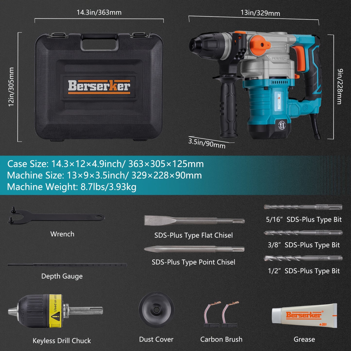 Berserker 25M 1-1/8" SDS Plus 26mm Rotary Hammer Drill, 1050W, 120V 60Hz, with Safety Clutch, 850 RPM & 4000 BPM, 3 Functions Corded Rotomartillo for Concrete - Includes Drill Chuck, 3 Drill Bits, Flat Chisel, Point Chisel, C