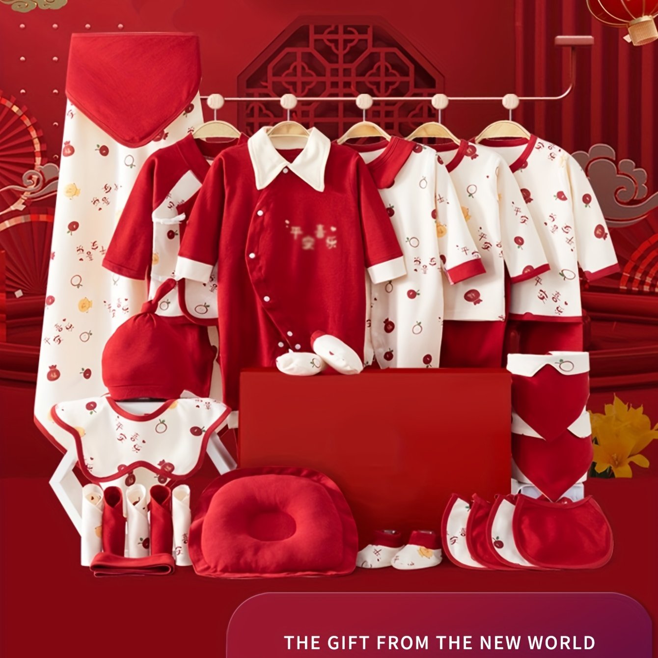 Youngsters Boy Clothes+Youngsters Necessities Set 28pcs, Shower Gifts, Local Warehouse, 5 Sets Of Clothes+Hat+Pillow+Hand And Foot Sets+Bib Outfits, Festive Chinese Style Romper, All-season Wearable,, Soft Fabric, Perfect for