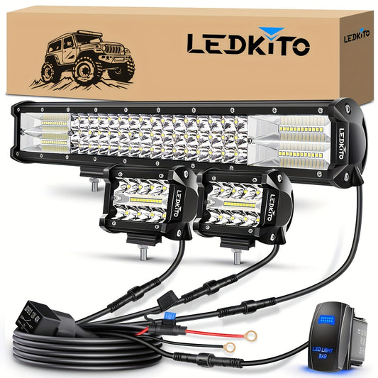 [20" LED Light Bar Kit] 20inch LED Light Bar+ 4inch Led Work Light Kit | With Switch On/ Off Wiring Harness Kit Relay Fuse, For Trucks SUV ATV UTV Boat Crane Excavator Forklift Courtyard Road, DC12-24V, White, Without Battery
