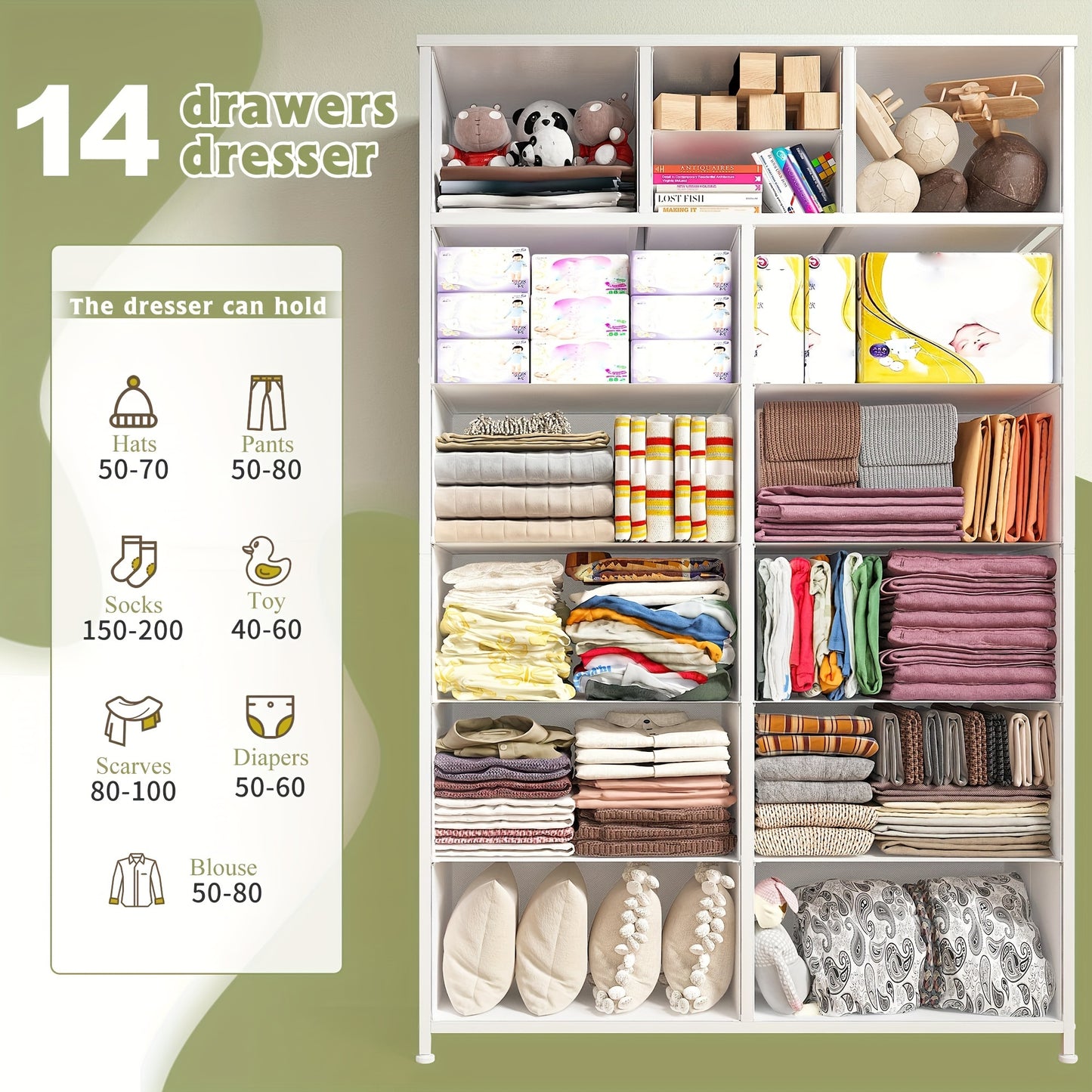14-Drawer Tall Dresser with Metal Frame & Wood Top - 52" H Freestanding Storage Cabinet for Bedroom, Living Room, Entryway - Easy Assembly, No Power Needed, 11.8" D x 37" W, Tall Dresser for Bedroom, Home Organization, Contem