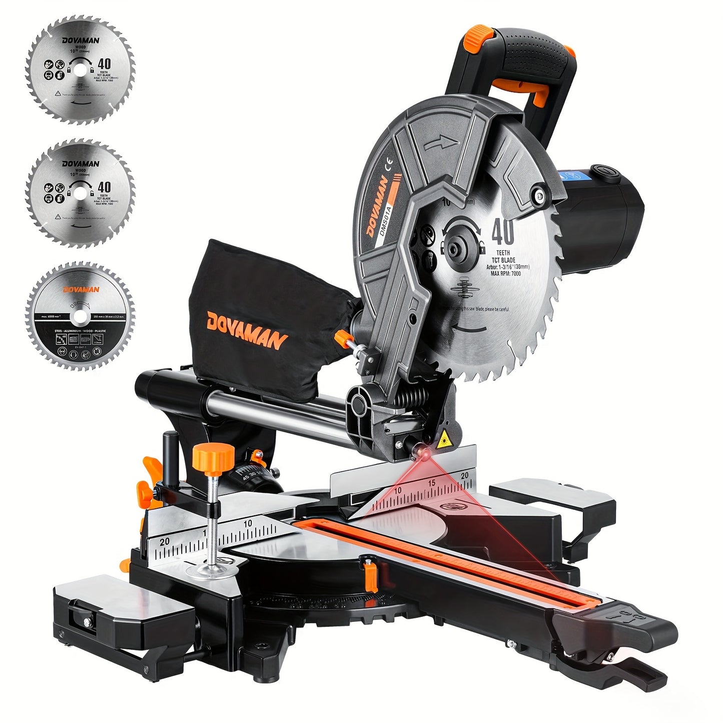 DOVAMAN 15A 10in Sliding Miter Saw, 3 Blades & 2-Speed (3200/5000RPM) for Wood/Metal/PVC Cuts, 0-45° Single-Bevel, Laser Guide, Max 13.4"x3.5" Cut, Dado Slot & 9 Stops