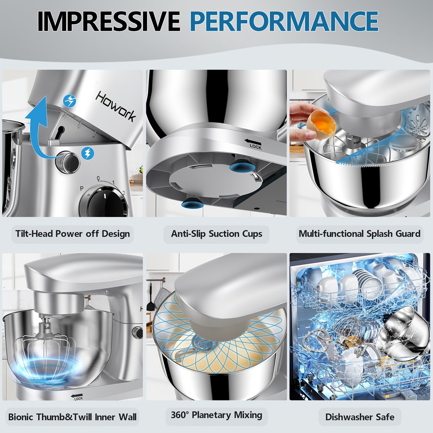 HOWORK Stand Mixer 10-Speed 5QT Electric Kitchen Mixer with Dishwasher-Safe Dough Hooks, Commercial Mixers, Flat Beaters, Wire Whip & Pouring Shield Attachments for Most Home Cooks