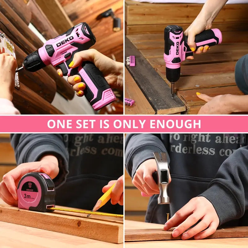 DEKO 126PCS Pink Power Tools Box With 8V Cordless Drill / Driver, Tape Measure, Hammer, Screwdriver Set and Precision Tool, Portable Hand Toolbox for Garden, DIY Home Projects, Outdoor Repairs, Camping, Woodworking Tools and