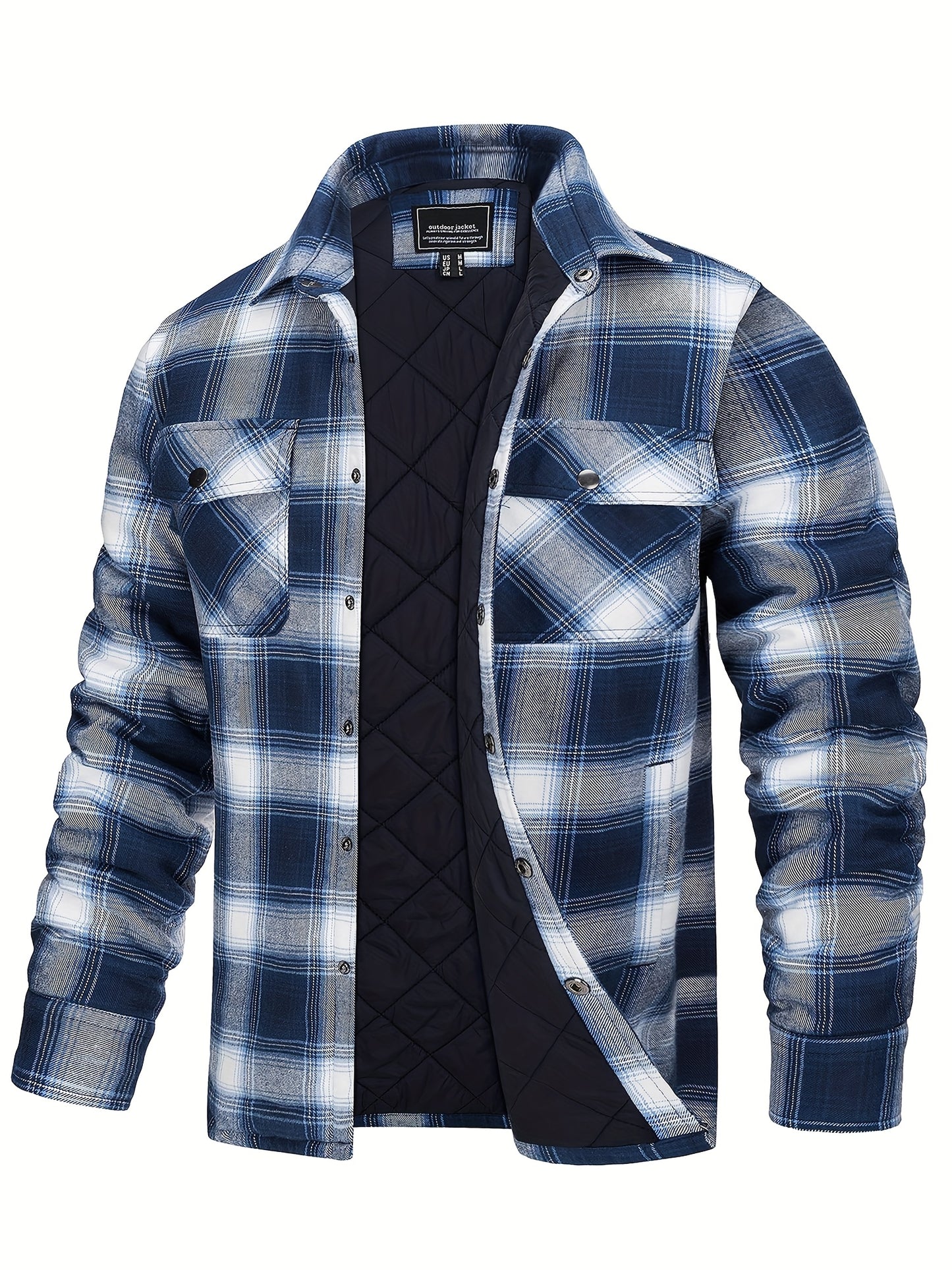Men's Plaid Flannel Shacket Fleece Lined Quilted Long Sleeve Button Jacket with Dual Chest Pockets Cozy and Stylish for Casual Wear College Travel Parties Street Fashion Jacket Classic Plaid Design