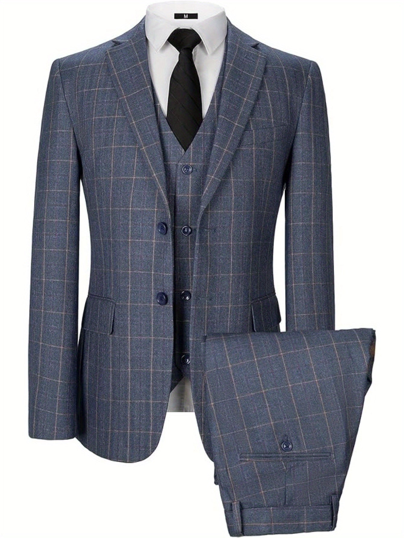 Men's Checkered 3pcs Business Suit Set Slim Fit Blazer Vest Trousers Premium Fleece Blend for Office WeddingsSizes XS-XXXL
