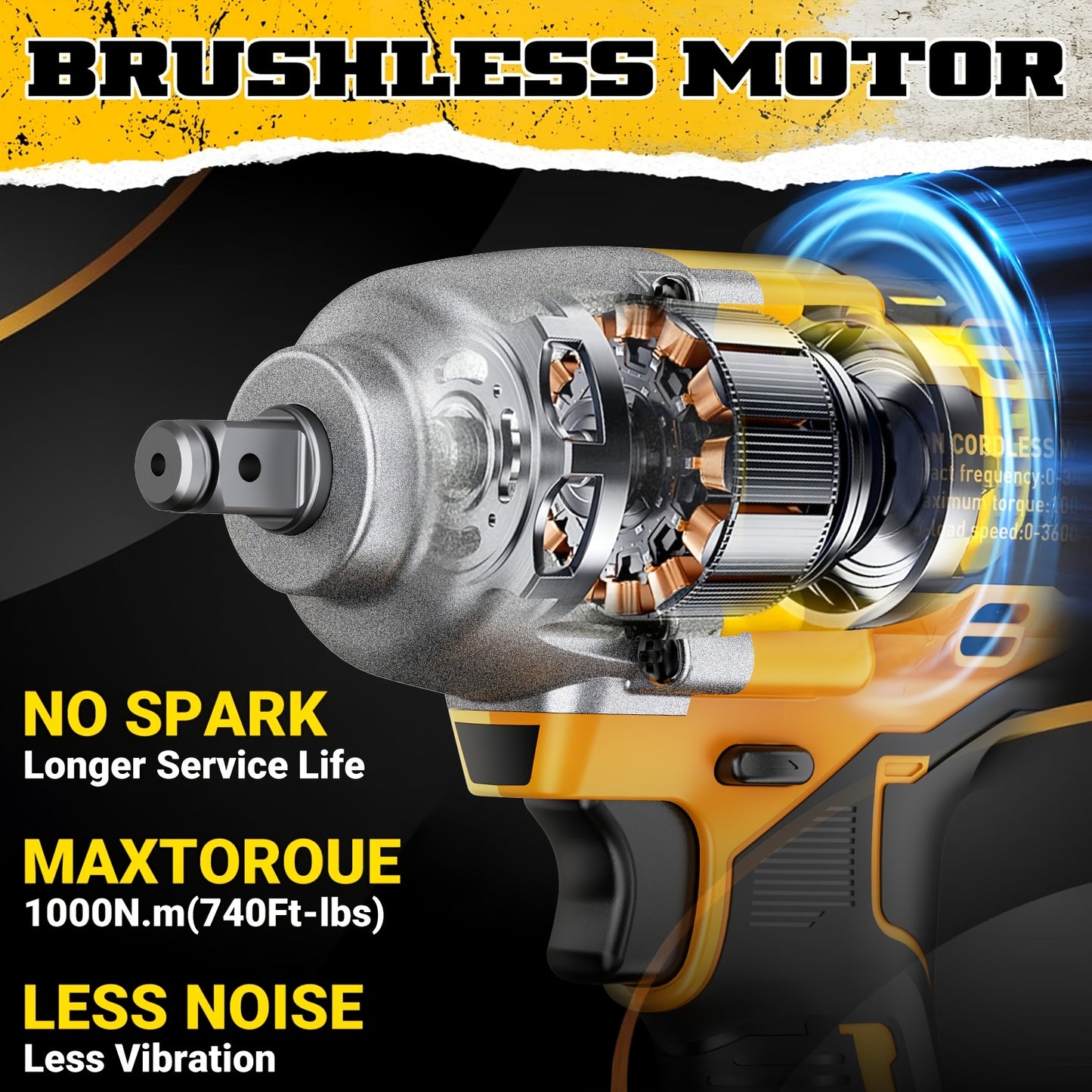 Automobile Maintenance Tools1/2" 20V Brushless Impact Wrench 1000N.m - 3-Speed 3300RPM Industrial Beast- Auto-Stop Reverse, Smart LED Dashboard & Heat Vents - For Semi-Truck Tires, Heavy Machinery, Steel Construction (Mechani