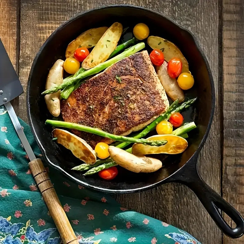 Cast Iron Skillet 7 Piece Set Heavy Duty Professional Chef Quality Preseasoned Pan Set 26cm 20cm 16cm 14cm Suitable for Frying Cooking Pizza Oil Brush Silicone Handle Beech Spatula