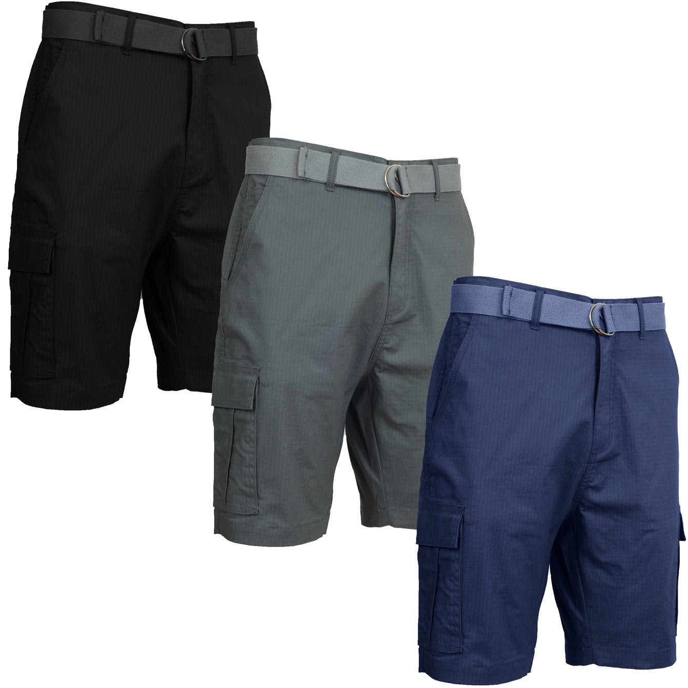 3 Pack Men's Cotton Stretch Ripstop Cargo Shorts With Belt