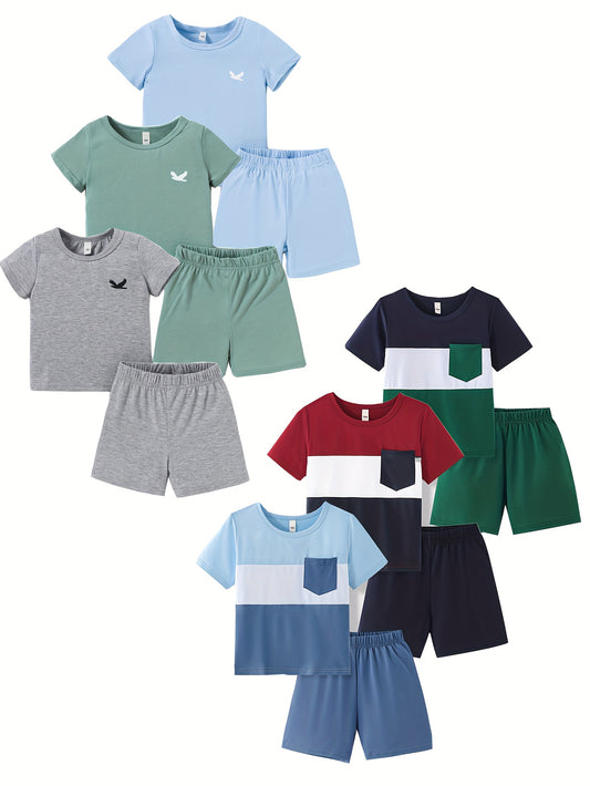 12pcs Boys' Casual Fashion Set, Shirt Suit, 6pcs Of Tops And Shorts, New Summer Multi-Piece Set