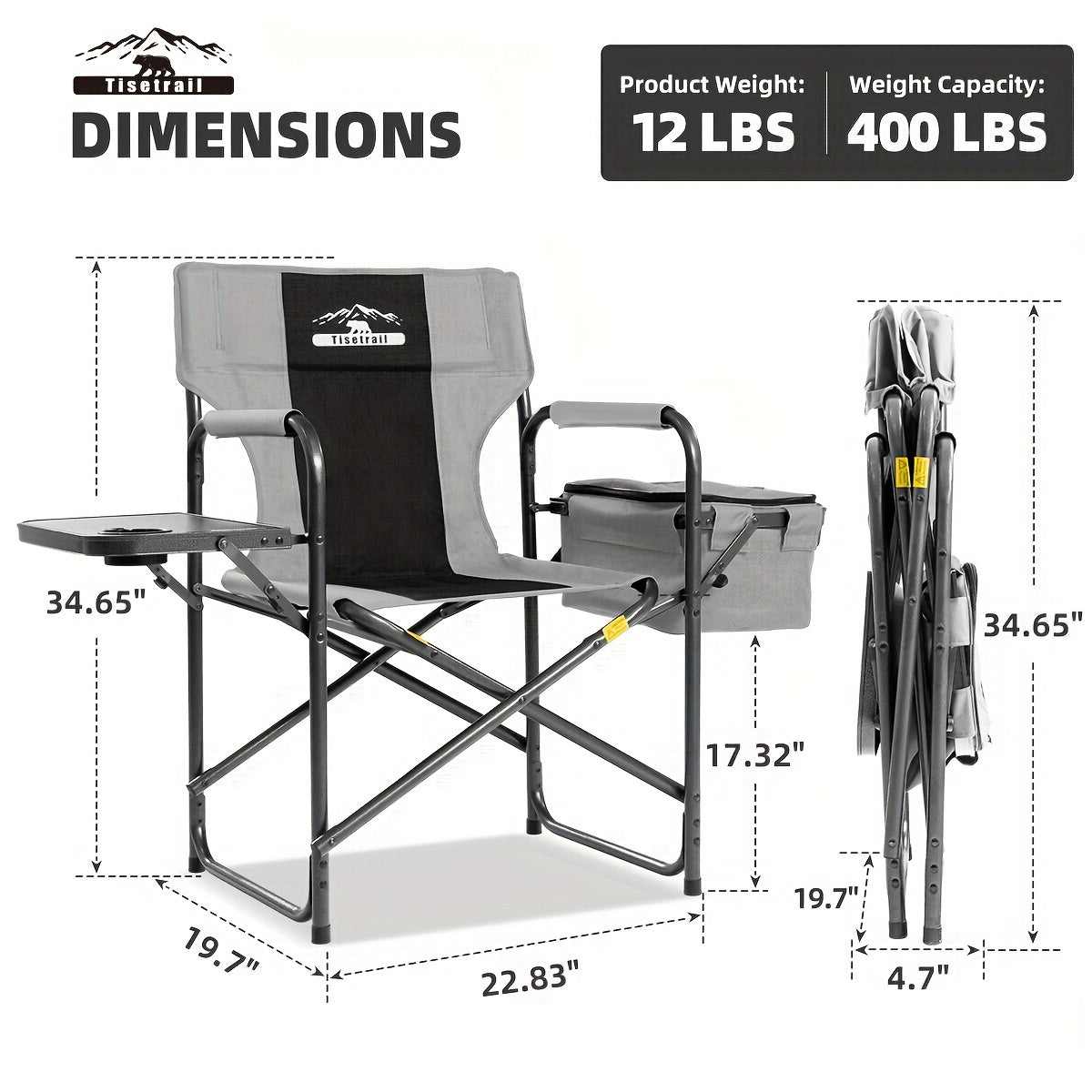 Tisetrail Director Camping Chair with Cooler Bag and Foldable Side Tray Supports 400 Pounds