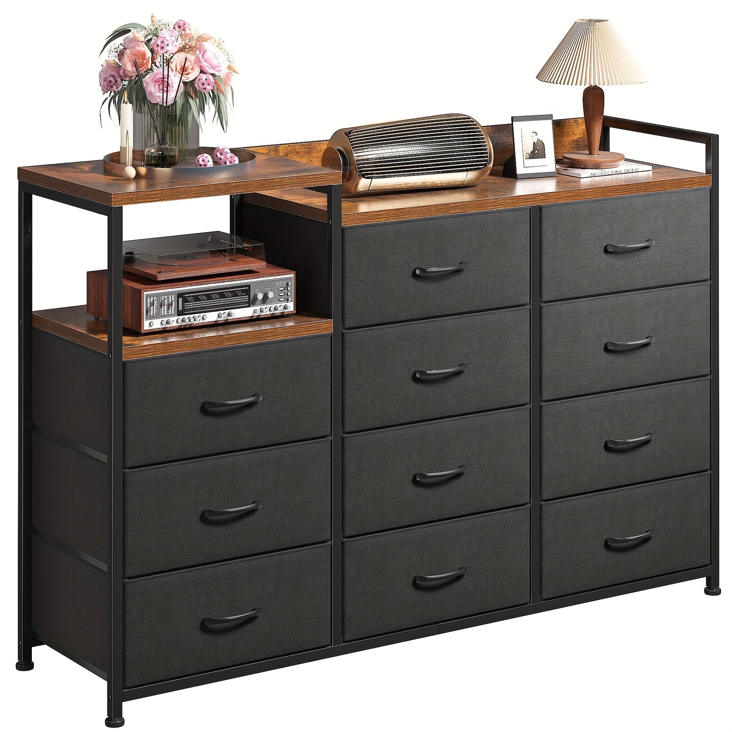 Modern Black Dresser - 11 Drawers, Metal Frame & Wood Top | Stylish Bedroom Storage with Shelves for Makeup Vanity or TV Stand