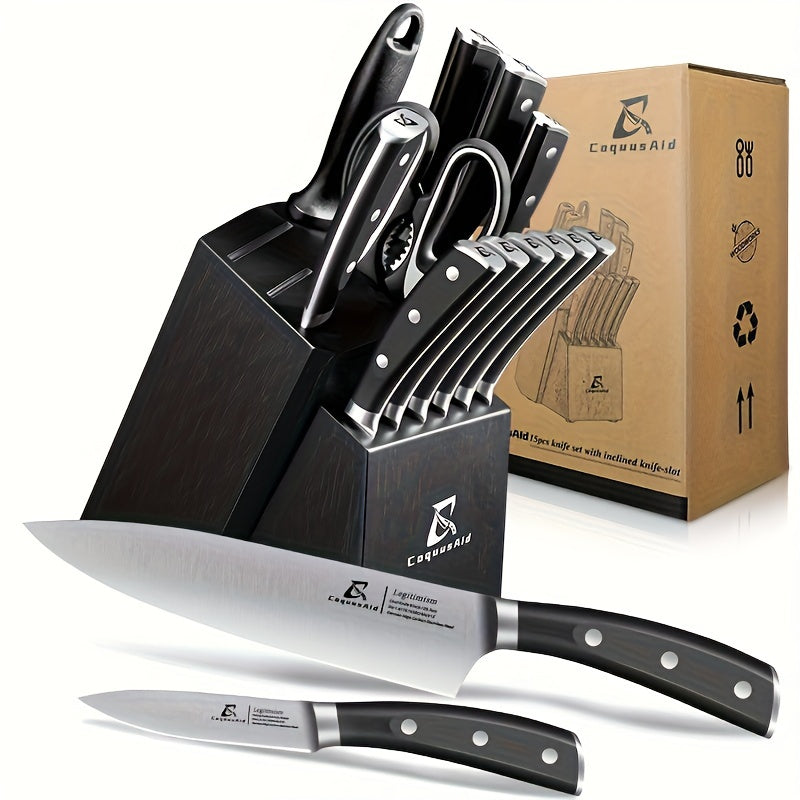 15 Piece Kitchen Knife Block Set with 15 Degree Beveled Easy Insert and Sharpener German Stainless Steel Black Countertop-Free Steak Knives