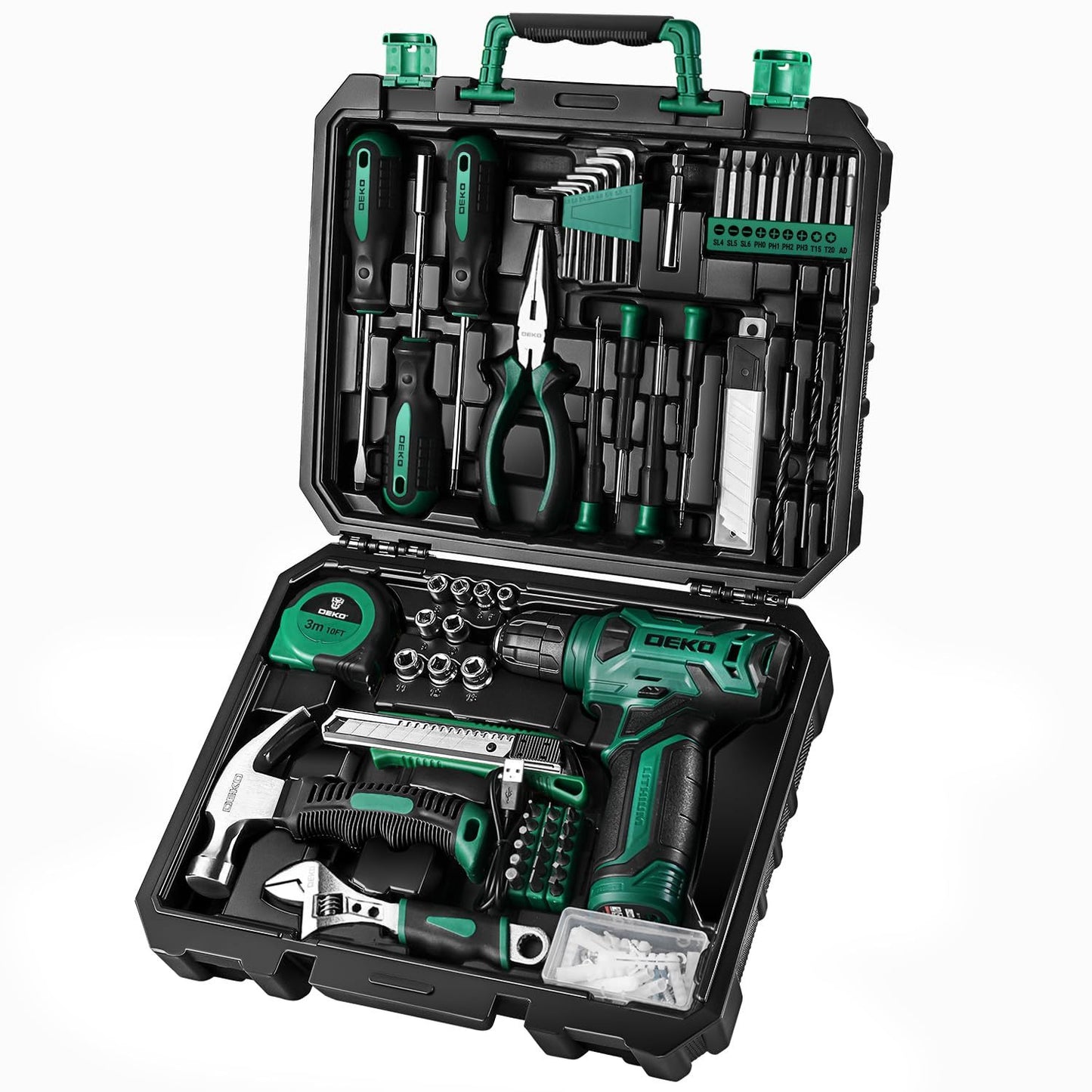 DEKO 126PCS Pink Power Tools Box With 8V Cordless Drill / Driver, Tape Measure, Hammer, Screwdriver Set and Precision Tool, Portable Hand Toolbox for Garden, DIY Home Projects, Outdoor Repairs, Camping, Woodworking Tools and