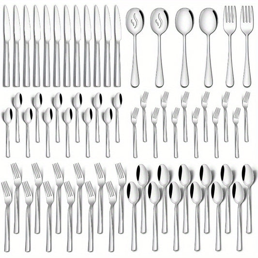 66 Piece Silverware Flatware Set with Serving Utensils Stainless Steel Square Cutlery Set for 12 Mirror Polished Dishwasher Safe Tableware Set
