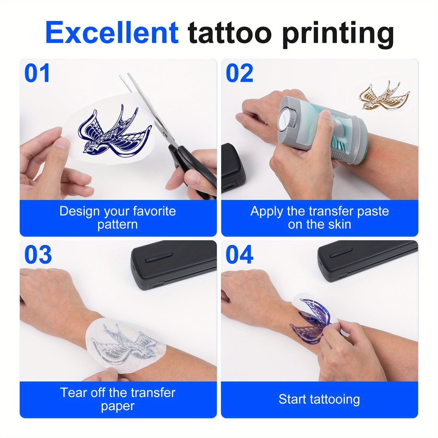 A4 Inkless Printer - Portable Thermal Printer for Wireless Mobile Travel, Supports Letter Mini Printing, Compatible with Mobile Phones And Laptops, Suitable Folding Paper/rolling/tattoo Paper