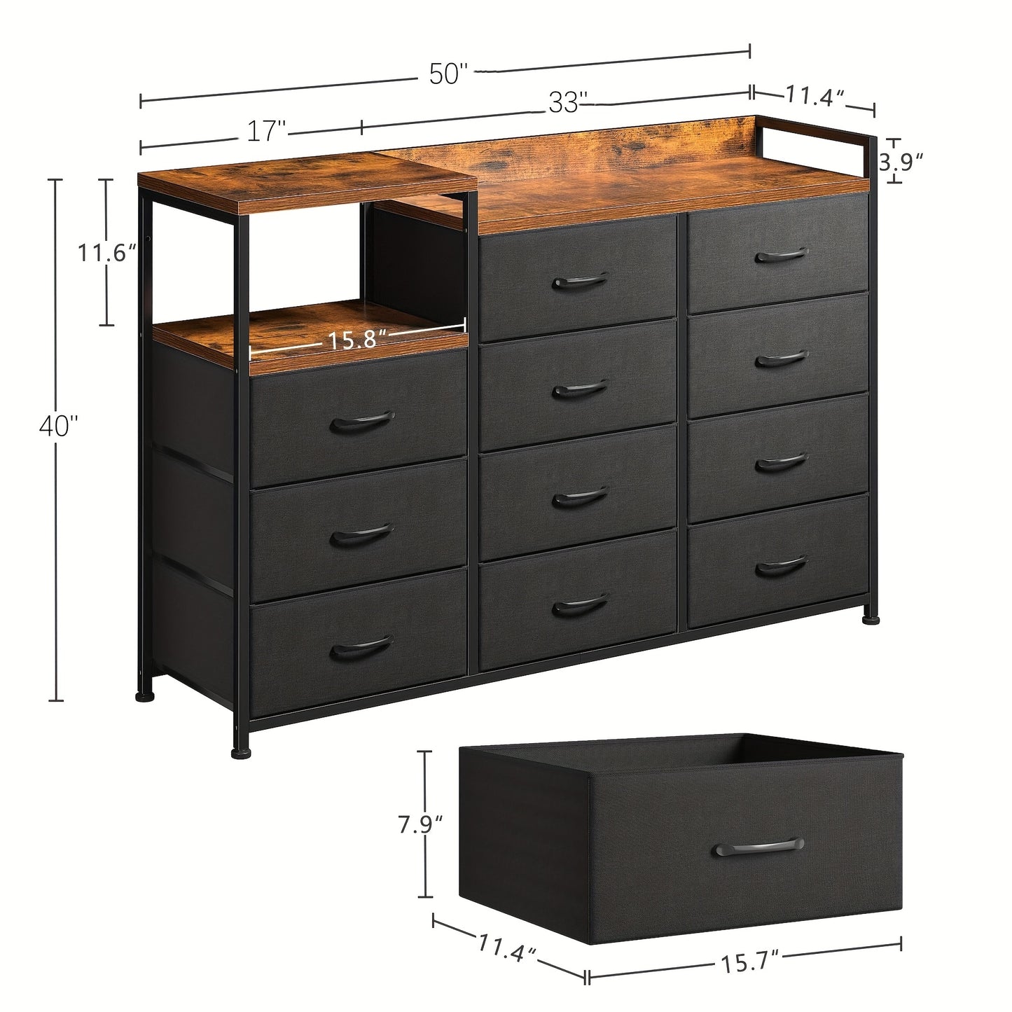 Modern Black Dresser - 11 Drawers, Metal Frame & Wood Top | Stylish Bedroom Storage with Shelves for Makeup Vanity or TV Stand