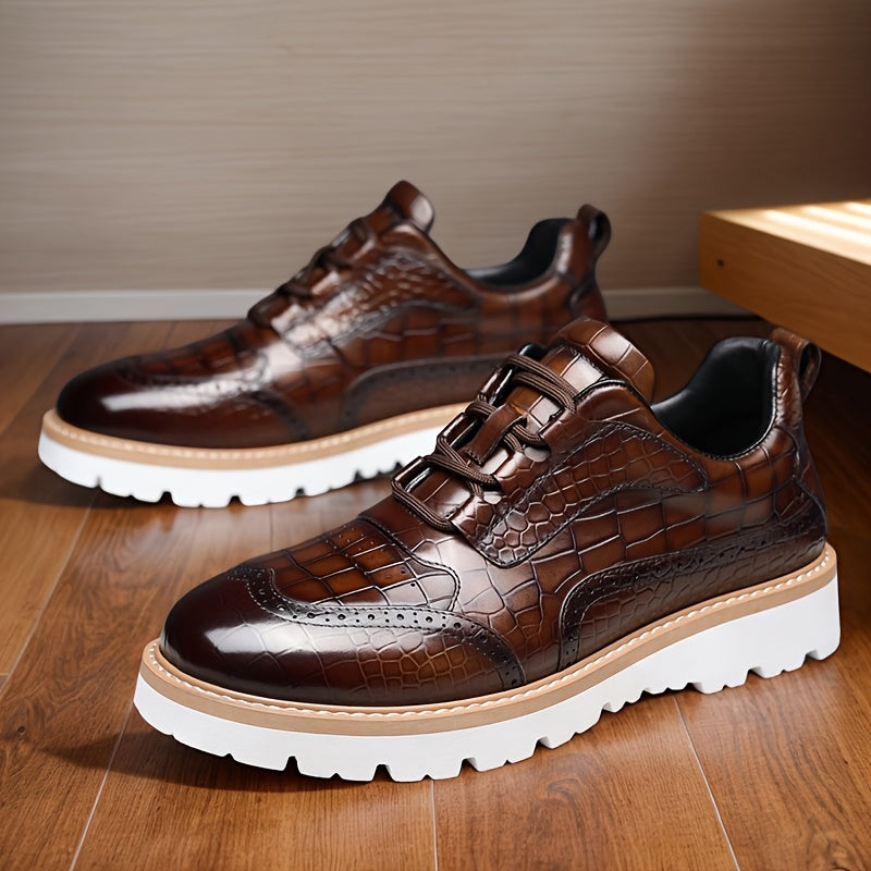 [Crocodile Pattern Leather Shoes] Plus Size Men's Crocodile Patterned Leather Shoes | Round Toe, Comfortable Non-Slip Rubber Sole, Low-Cut, Animal Print, Retro Street Style | Suitable for Weddings, Banquets, Parties, Spring,