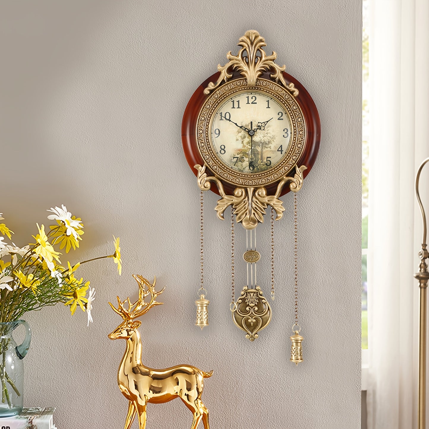 Large Antique-Style Wood Wall Clock - Battery Operated with Swinging Pendulum, Classic European Victorian Design for Living Room Decor, Unique Home Accent