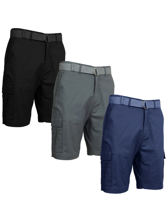 3 Pack Men's Cotton Stretch Ripstop Cargo Shorts With Belt