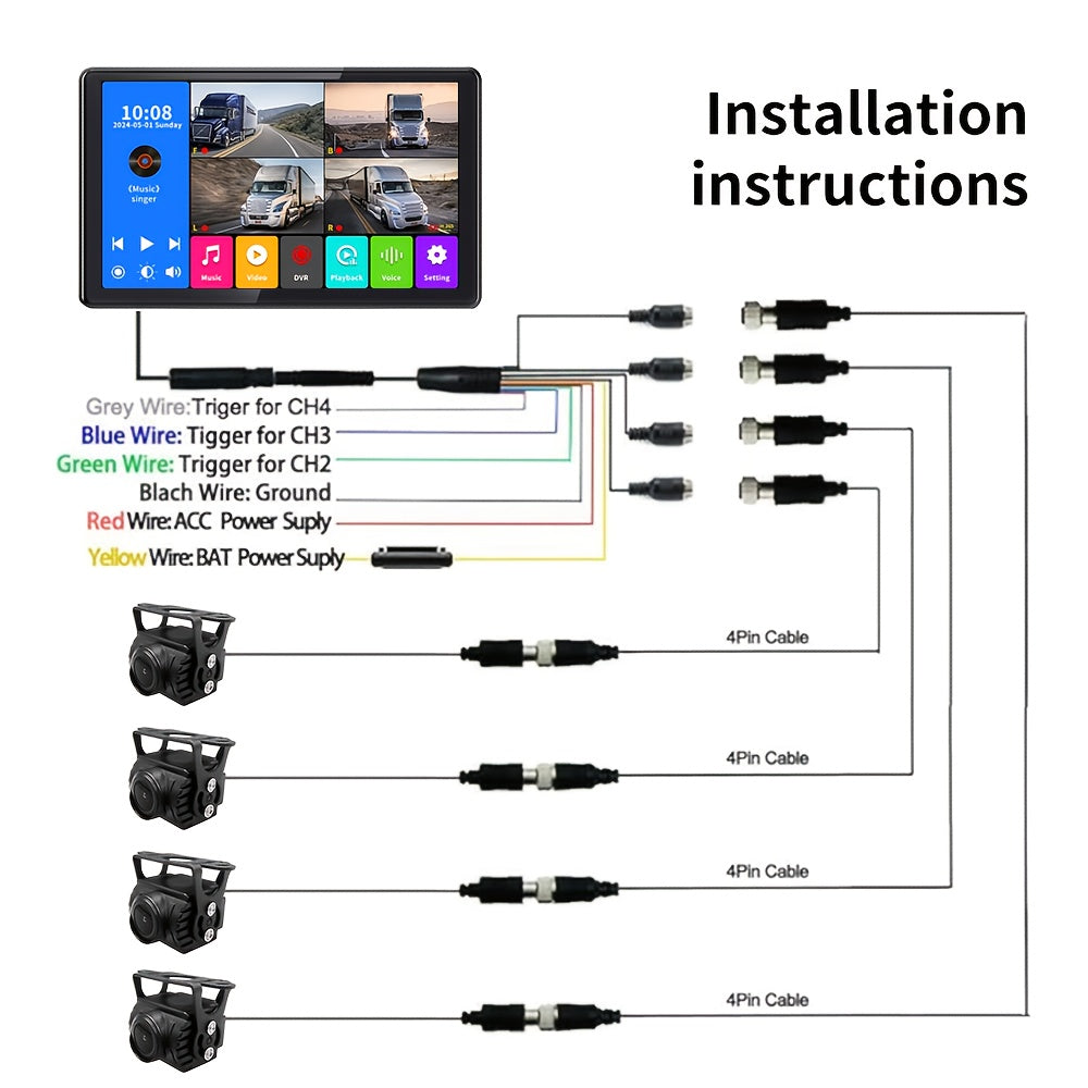 1pc 10.1" Touch Screen LCD Monitor with 4 Wired 1080P Cameras, 64GB DVR Recorder, 12V-36V ACC Power Supply, 4-Point Surveillance Display for Truck RV Trailer Semi Box Truck and Bus