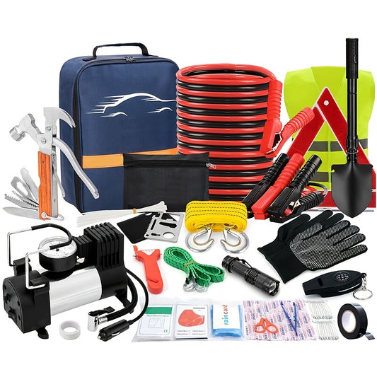 FCLUSLL 95 Piece Car Roadside Emergency Kit Premium Heavy Duty Portable Jumper Cables Air Compressor Tow Strap Multifunctional Hammer Shovel