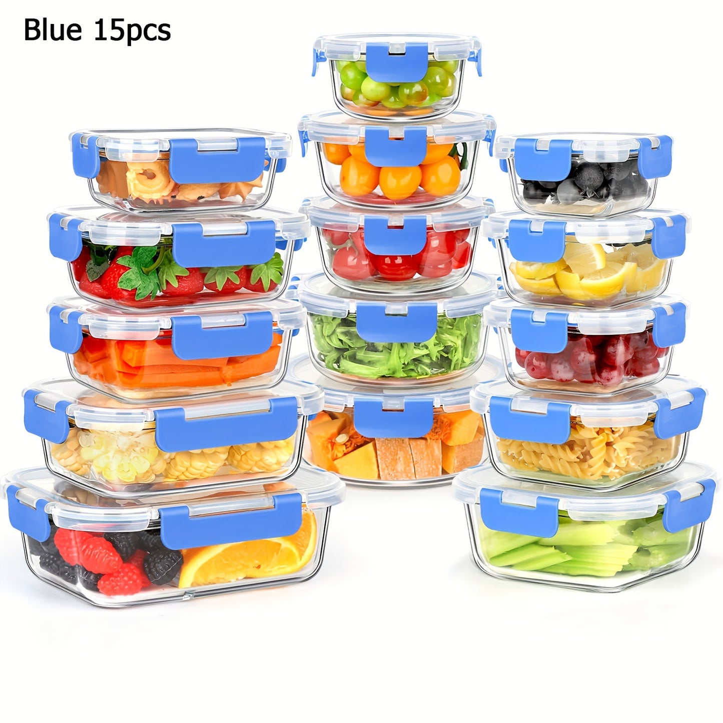 Airtight Glass Meal Prep Containers Set - 15 Pieces Food Storage
