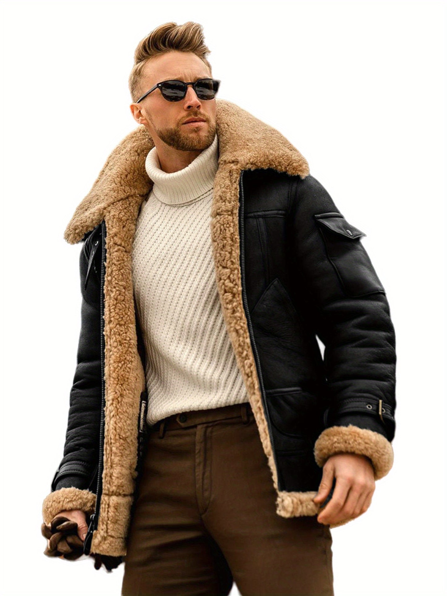 Men's Casual High Neck Fleece-Lined Jacket, Polyester 95%, Solid Color, Non-Stretch Fabric, Skinny Fit, with Zipper Closure and Contrast Pockets for Winter
