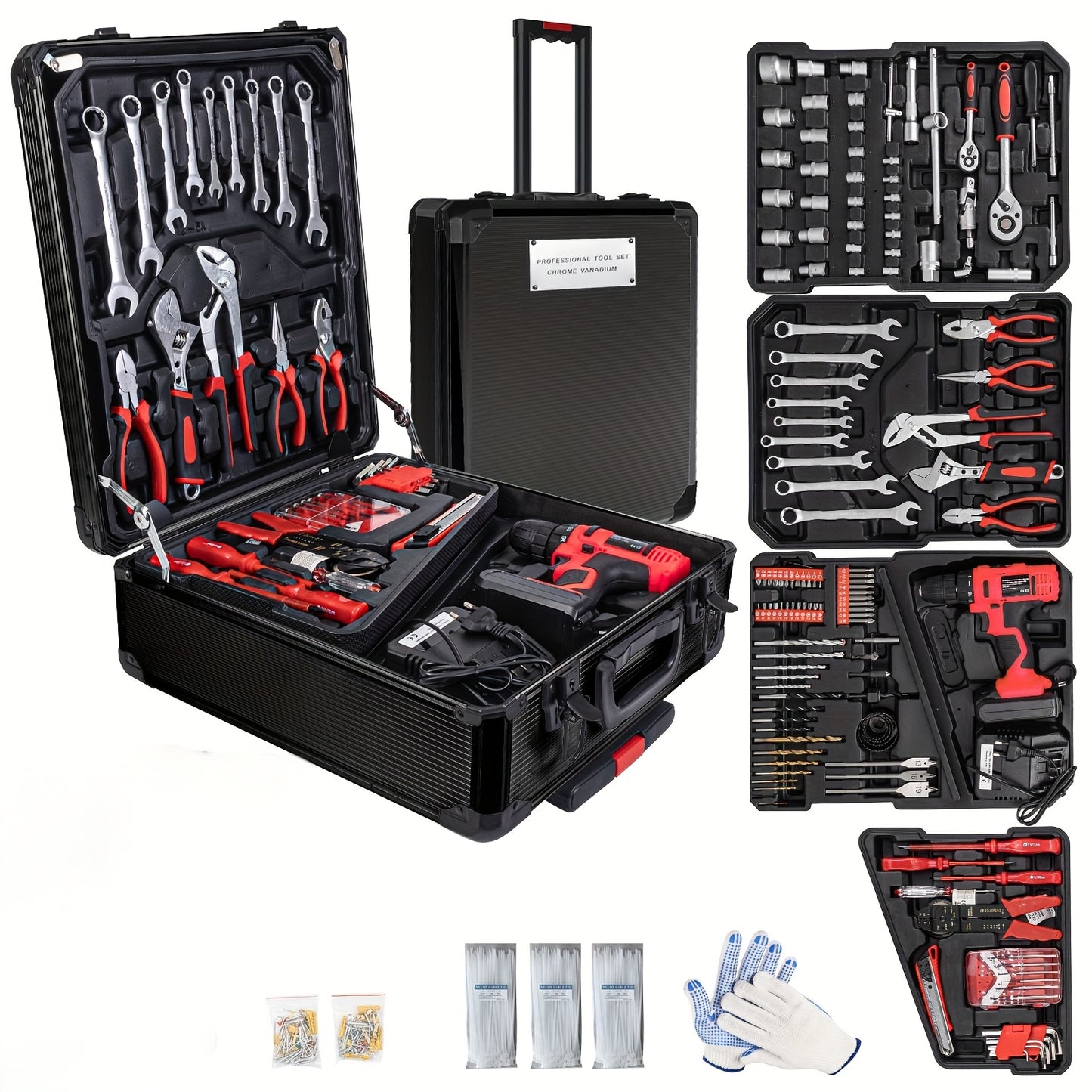 799pcs Aluminum Trolley Case Tool Set Silvery, House Repair Kit Set, Household Hand Tool Set, with Tool Belt, Gift On Father's DayTool Sets for Men, Tool Box with Tools, Tool Kit with Rolling