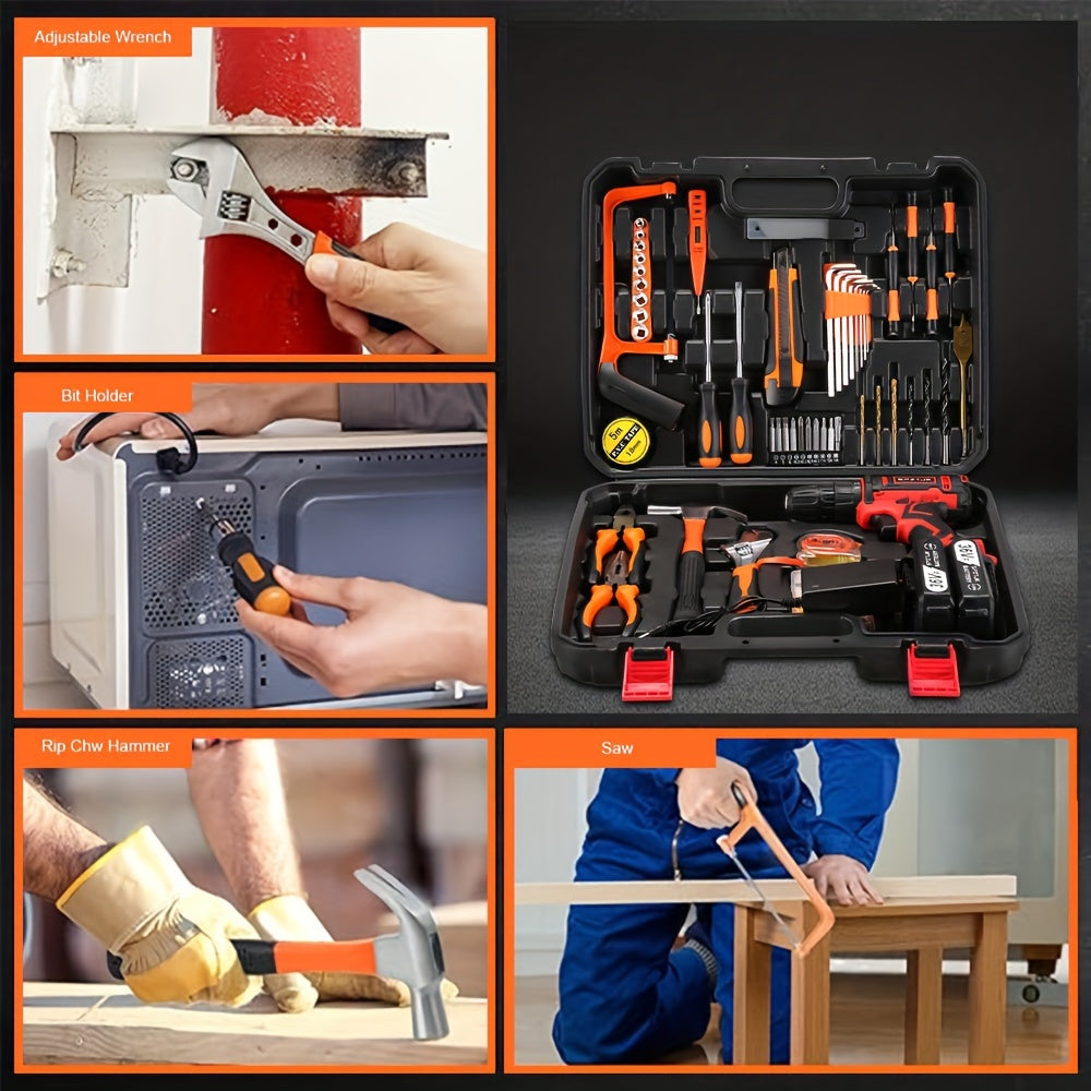 [128pcs Electric Drill] 2Battery SPZTJK 128pcs Electric Drill Tool Kit | 2-Speed Cordless Drill Driver with Hand Tools, Screwdriver, Drill Bits, Tool BOX for DIY, Home Repair, Christmas Gift, Electric Drill Cordless Rechargea
