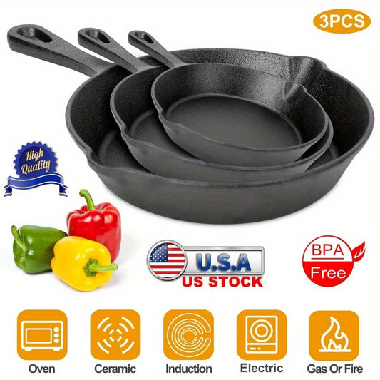 3 Piece Preseasoned Cast Iron Skillet Set 6810 Inch Non Stick Oven Safe Cookware Heat Resistant Frying Pan
