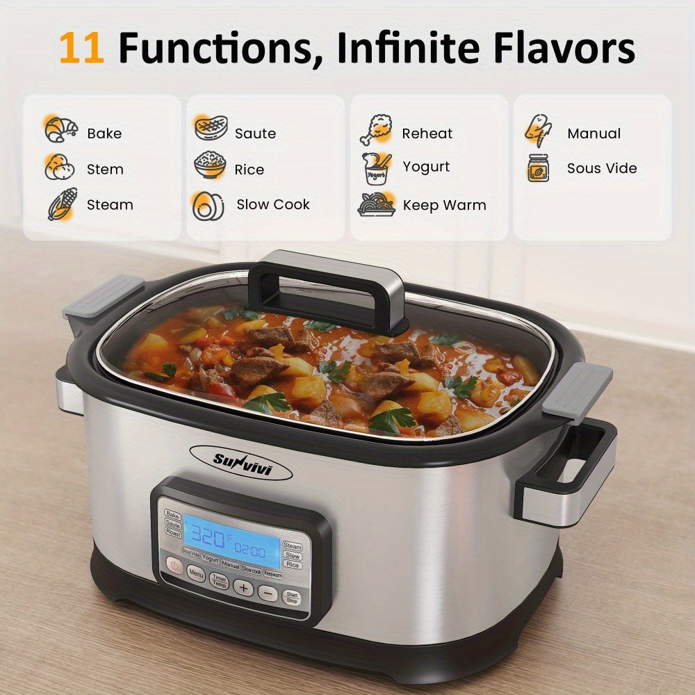 11-in-1 Multi Slow Cooker Roaster Oven, 6.5QT Sliver Digital Programmable Slow Cooker with Rack, Large Removable Nonstick Crock, Glass Lid, Multicooker with Timer Temp Control, Delay Start