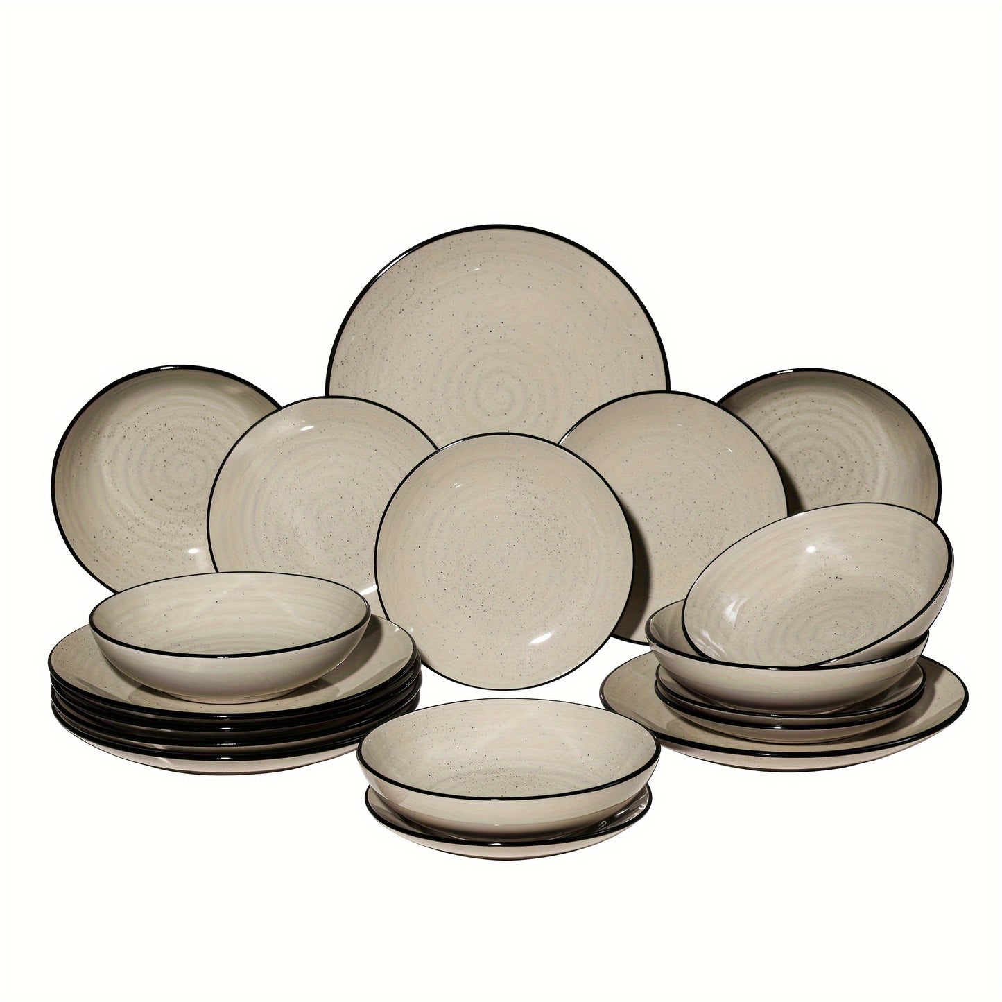 18 Piece Stoneware Dinnerware Set for 6 Handpainted Spirals Pattern Ceramic Set with 10.5 Inch Dinner Plate 7.5 Inch Dessert Plate and 27 Ounce Soup Bowl