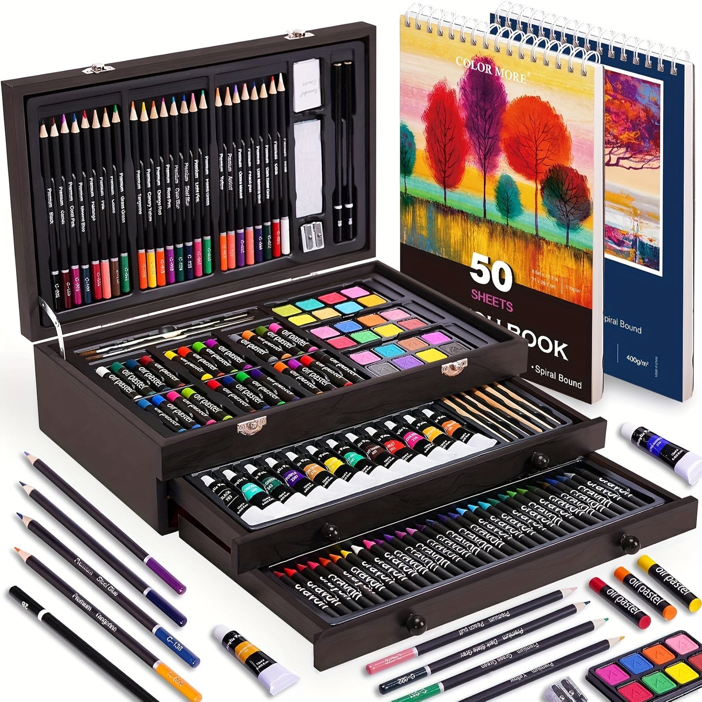 175pcs Deluxe Art Set With 2 Drawing Pads, Crayons, Acrylic Paints, Colored Pencils Set In Wooden Case, Professional Art Kit For Adults, Artist And Teen, Paint Supplies, Gift, Father'S Day Gift
