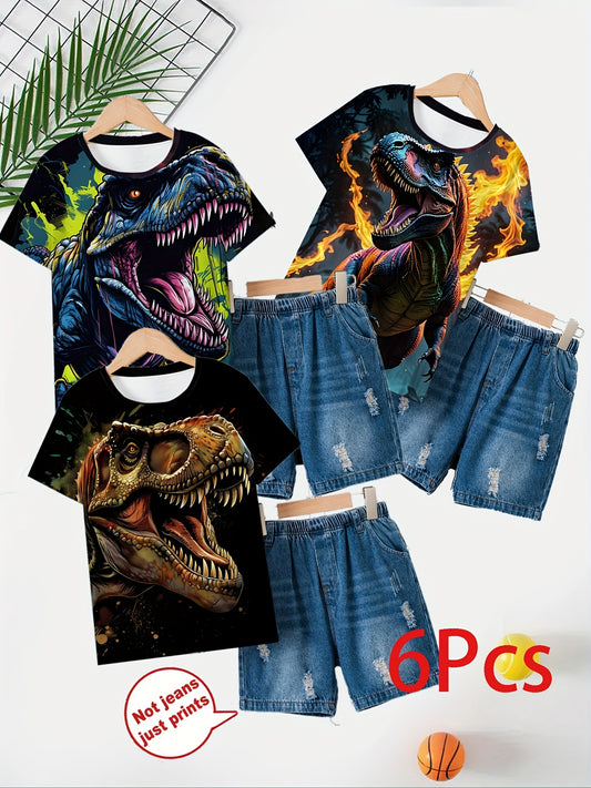 6pcs for Boys 3D Dinosaur Skills Cool Print Imitation Denim Casual Wear - Bright Splash Design T-shirt And Imitation Denim Shorts Set, Breathable Polyester Blend, 3 Sets Machine Washable - Perfect for Summer Fun, Perfect for