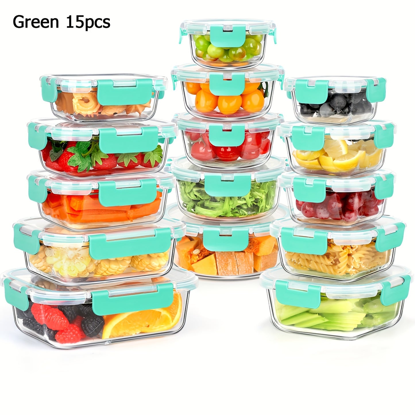 Airtight Glass Meal Prep Containers Set - 15 Pieces Food Storage