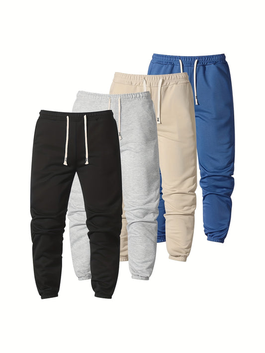 4pcs Set Of Mens Solid Color Regular Fit Cuffed Sweatpants - Soft Slight Stretch Polyester Fabric, Drawstring Waist, Multiple Pockets, Machine Washable - Perfect for Jogging, Outdoors Sports And Casual Wear