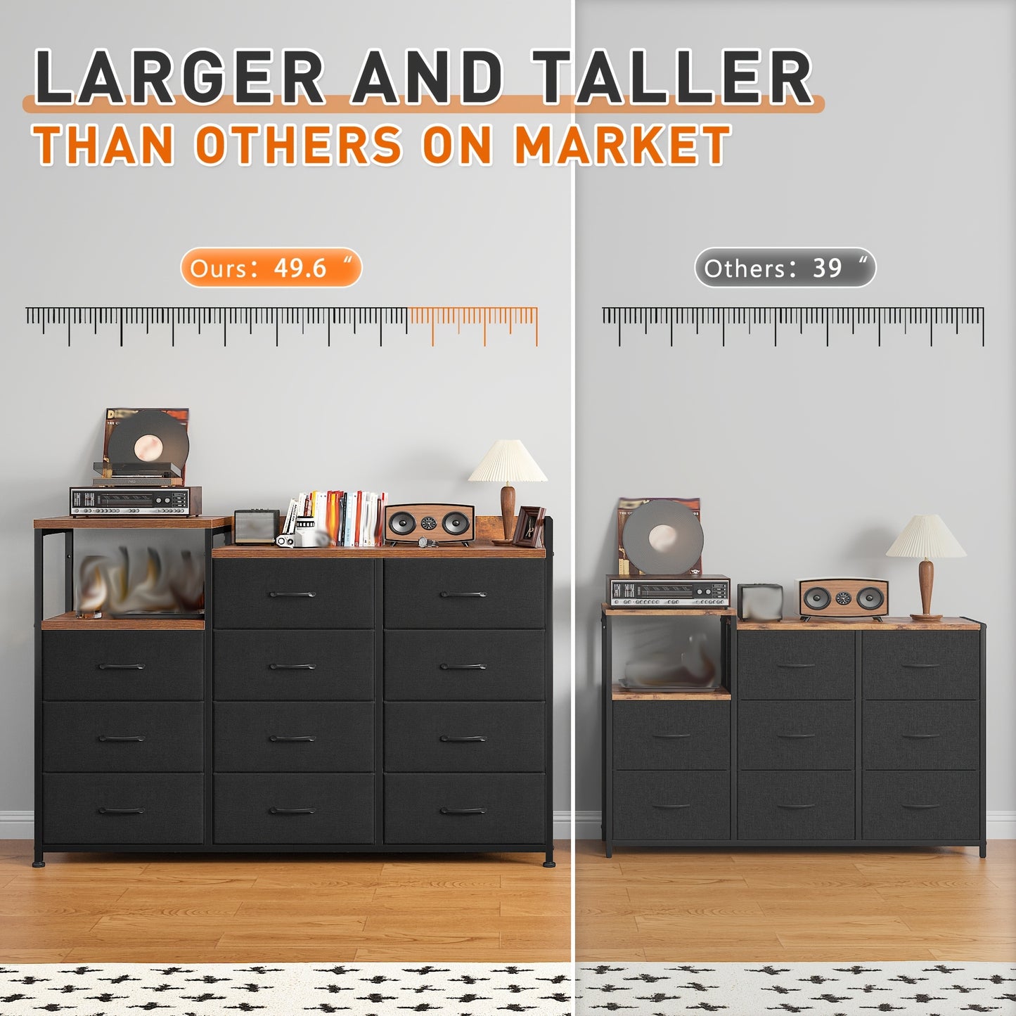Modern Black Dresser - 11 Drawers, Metal Frame & Wood Top | Stylish Bedroom Storage with Shelves for Makeup Vanity or TV Stand