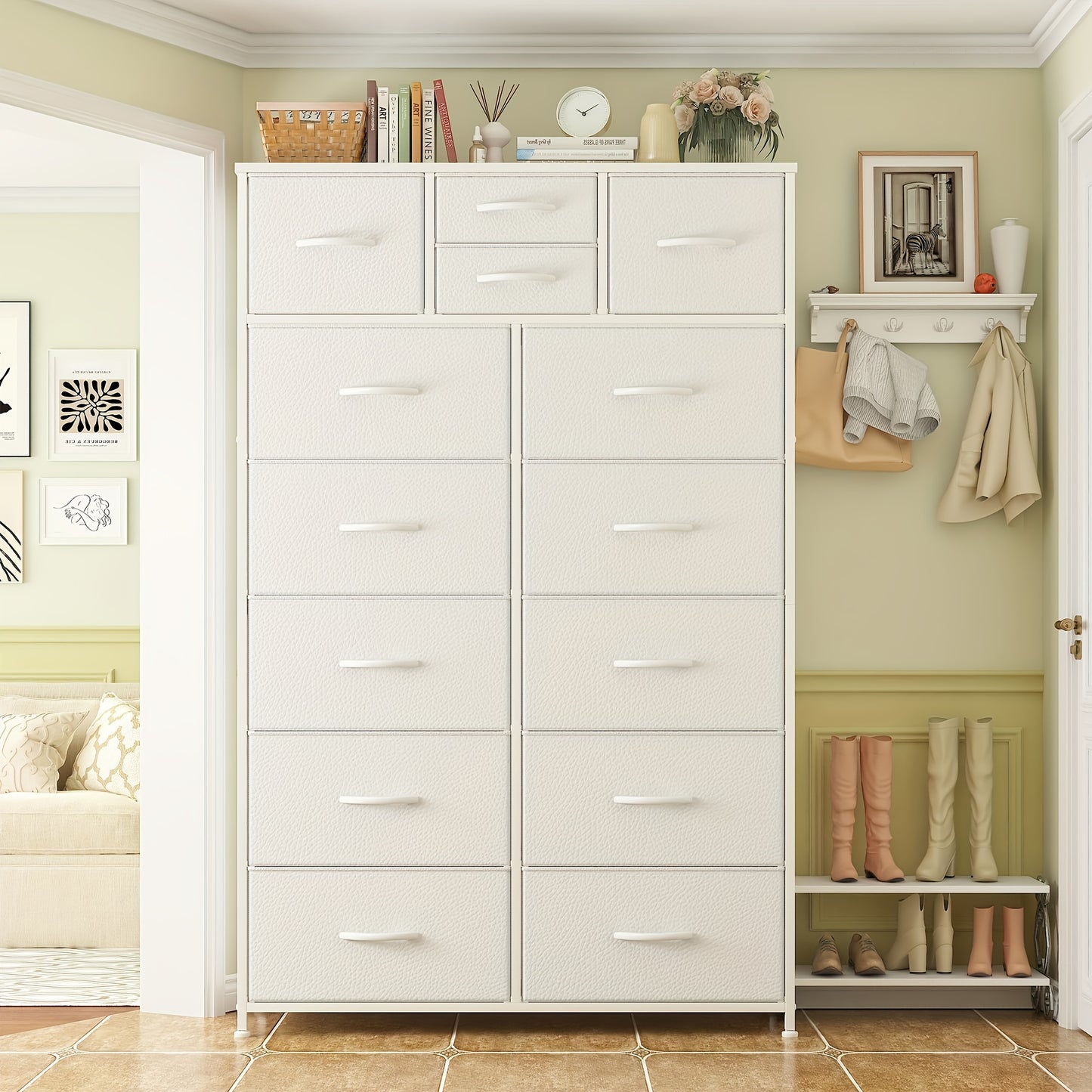 14-Drawer Tall Dresser with Metal Frame & Wood Top - 52" H Freestanding Storage Cabinet for Bedroom, Living Room, Entryway - Easy Assembly, No Power Needed, 11.8" D x 37" W, Tall Dresser for Bedroom, Home Organization, Contem