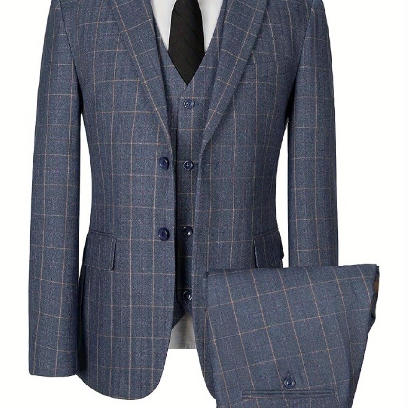 Men's Checkered 3pcs Business Suit Set Slim Fit Blazer Vest Trousers Premium Fleece Blend for Office WeddingsSizes XS-XXXL