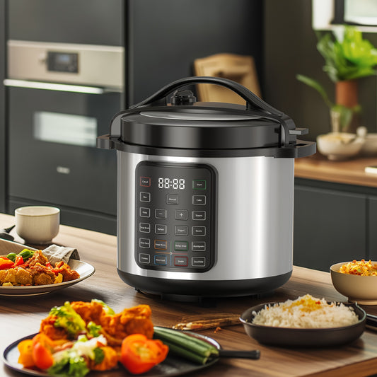12-in-1 Stainless Steel Electric Pressure Cooker & Warmer - 6/8 Quart Multi-Cooker with Sterilizer, Saute, and Timer Functions, Black Lid, Perfect for Healthy Cooking and Meal Prep, Kitchen Appliance | Sleek Kitchenware | Hig