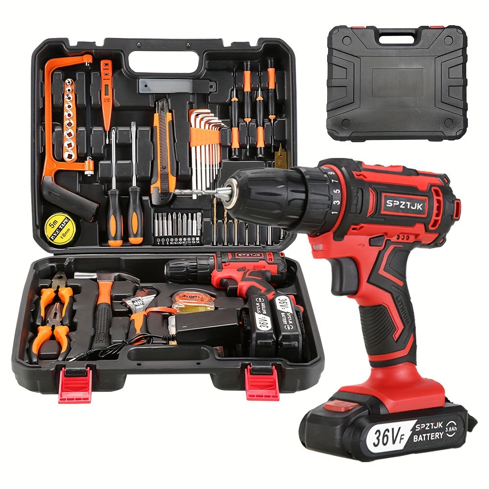 [128pcs Electric Drill] 2Battery SPZTJK 128pcs Electric Drill Tool Kit | 2-Speed Cordless Drill Driver with Hand Tools, Screwdriver, Drill Bits, Tool BOX for DIY, Home Repair, Christmas Gift, Electric Drill Cordless Rechargea