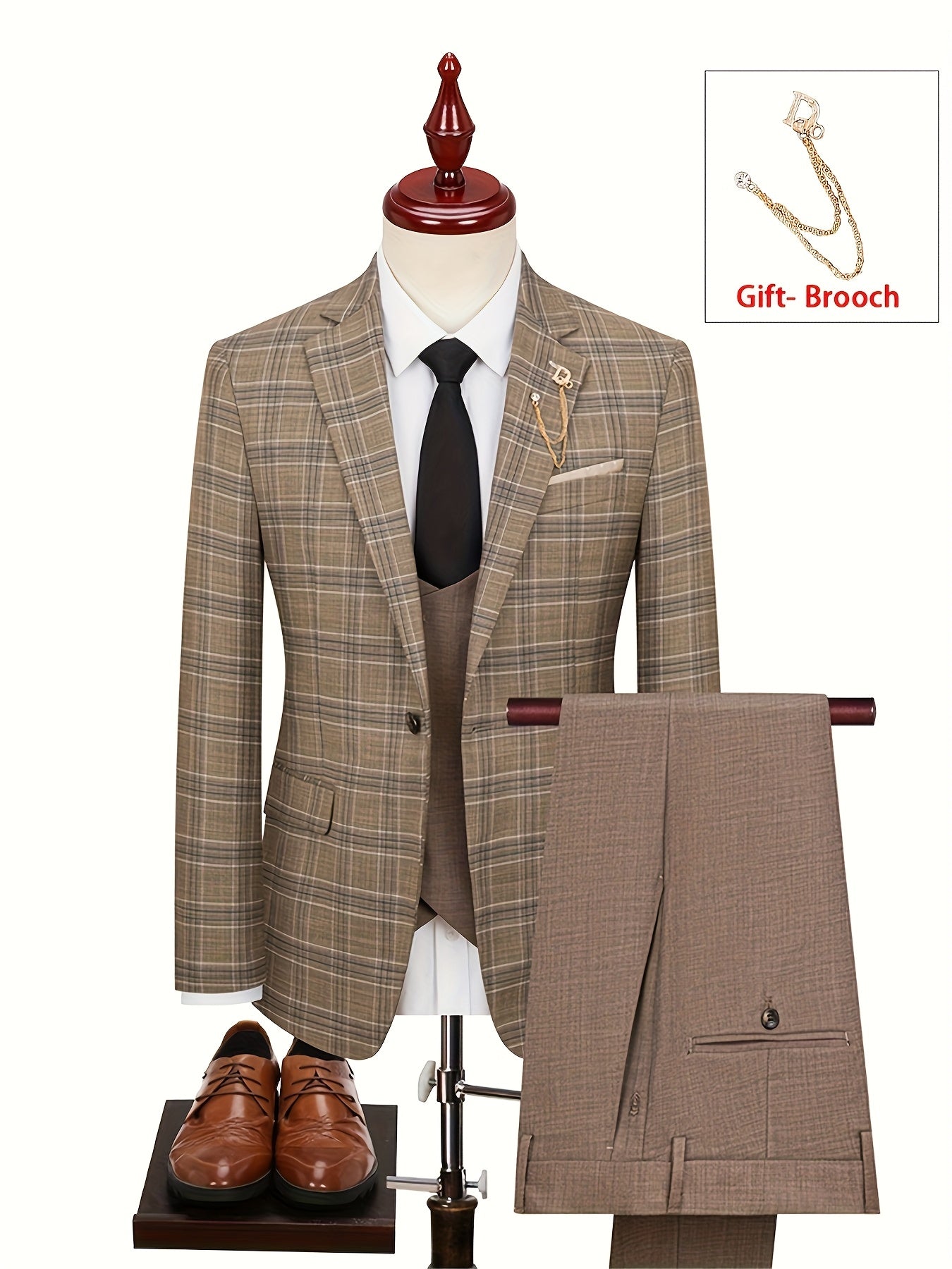 Teens Plaid Suit Set - 3pcs, Casual Style, Notched Lapel, Regular Fit, Polyester Includes Jacket, Vest, And Pants - For Business Casual & Formal Occasions - Perfect Gift For Weddings & Special Events