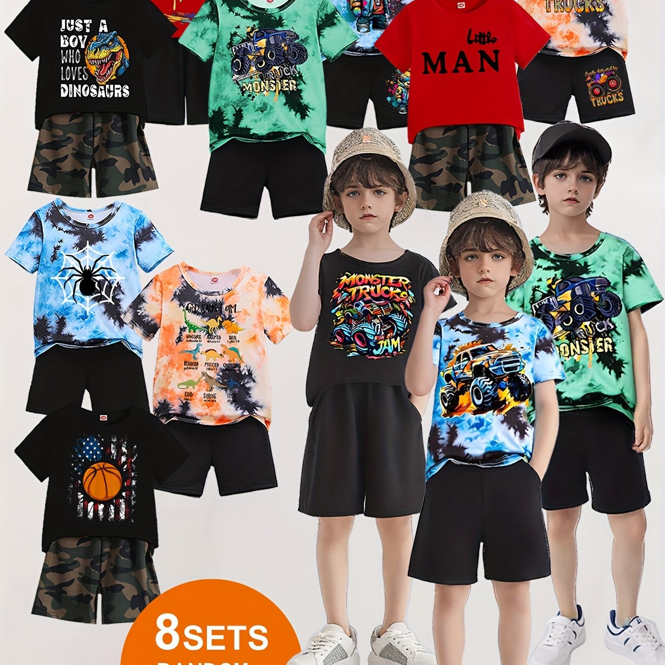 Randomly Sent 16pcs Of Clothing For Boys Summer Suits, Fashionable Printing + Copywriting Printing Short-sleeved T-shirt + Matching Shorts, Casual Suits, for Outdoor